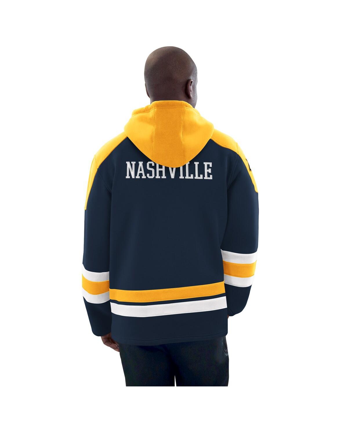 Starter Men's Navy/gold Nashville Predators Hockey Pullover Hoodie In Animal Print
