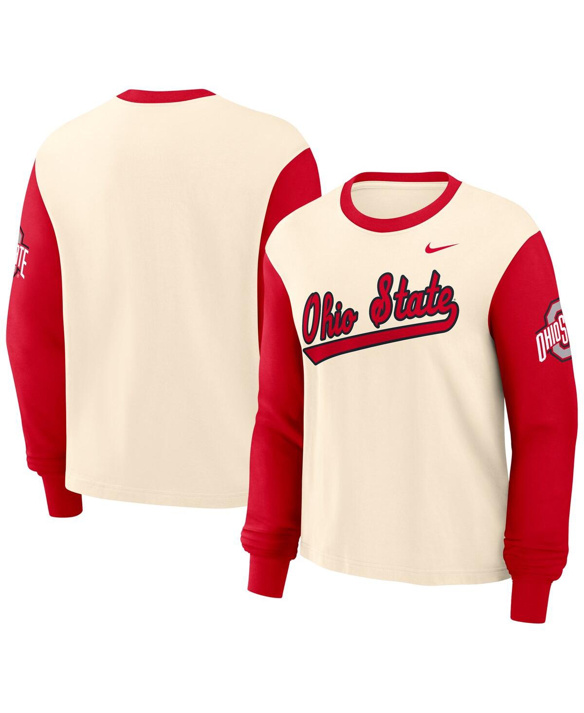 Nike Women's Natural/scarlet Ohio State Buckeyes Color Block Boxy Long Sleeve T-shirt In Natural,scarlet