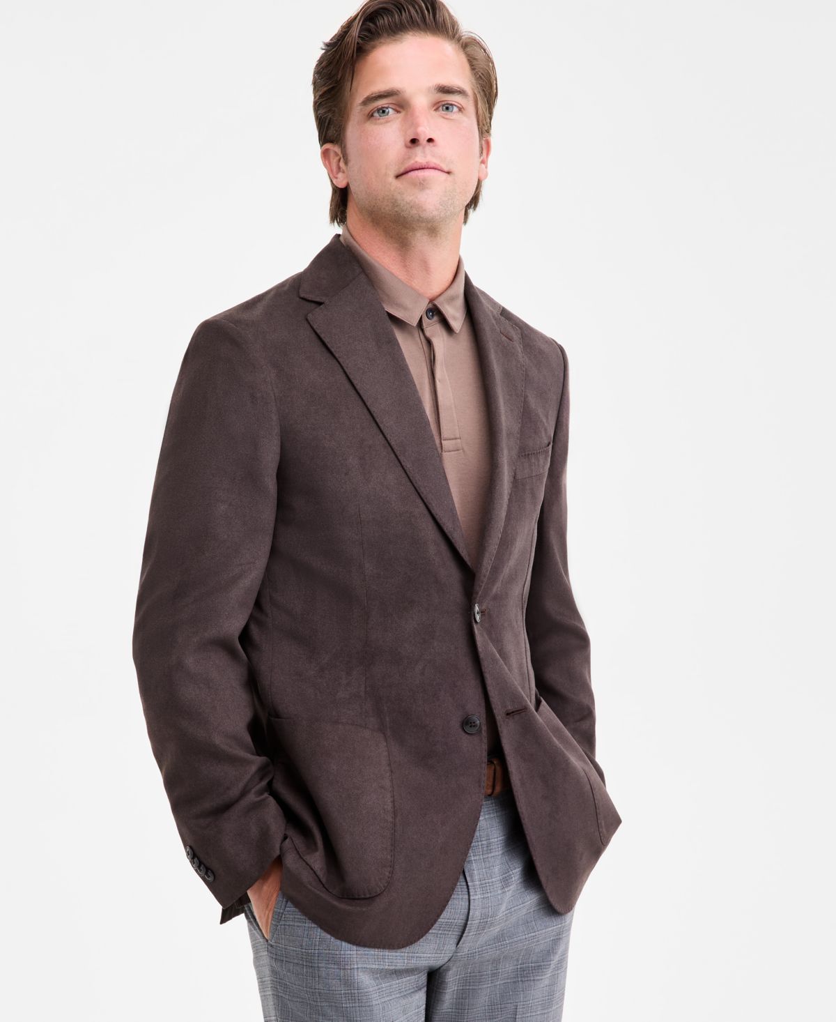 Мужское спортивное пальто классического покроя из стрейчевой меланжевой искусственной замши