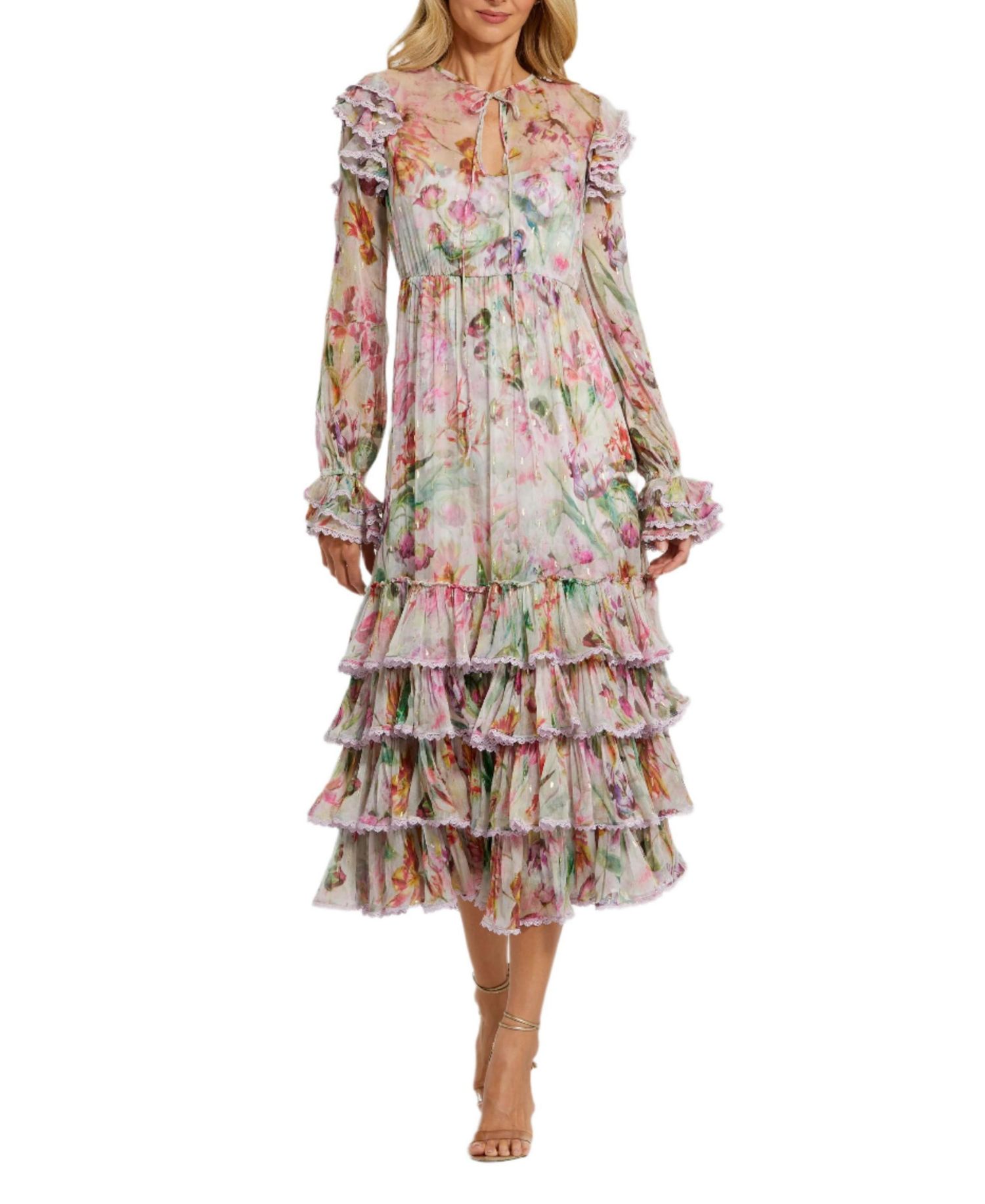 Women's Long Sleeve Tie Neck Ruffle Detail Floral Dress