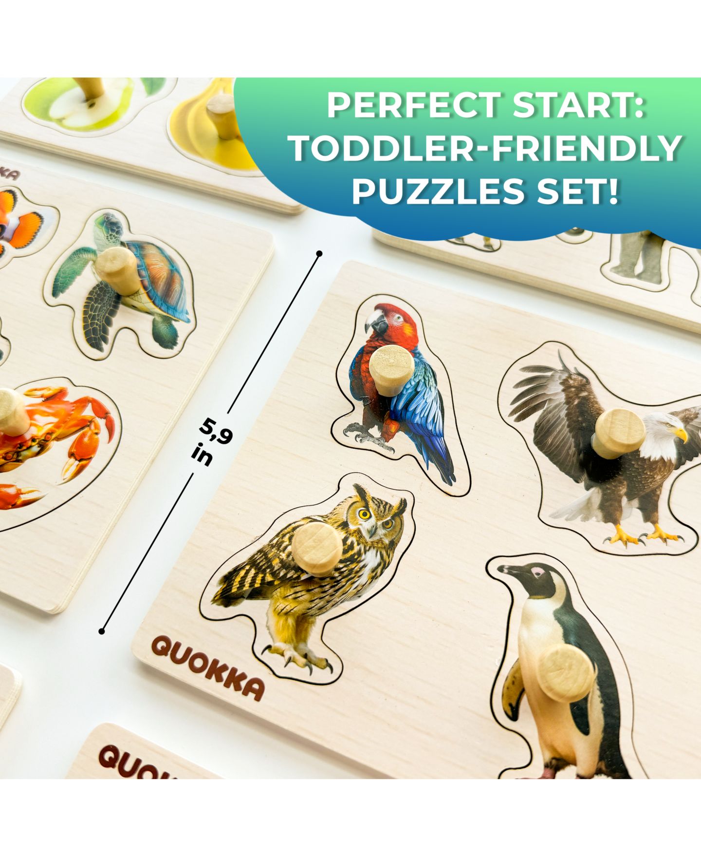 Детский пазл Quokka Wooden Puzzles for Toddlers 1-3 – Pegged Puzzles for Kids, цвет: Fruits And Animals — фото 6