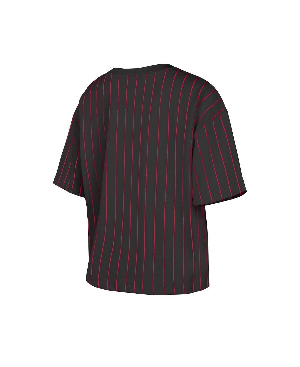 NEW ERA WOMEN'S BLACK CINCINNATI REDS COOPERSTOWN COLLECTION MULTIPLIER PINSTRIPE CROPPED T-SHIRT 