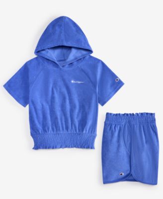 Champion Big Girls Terry Smocked-waist Pullover Hoodie In Blue