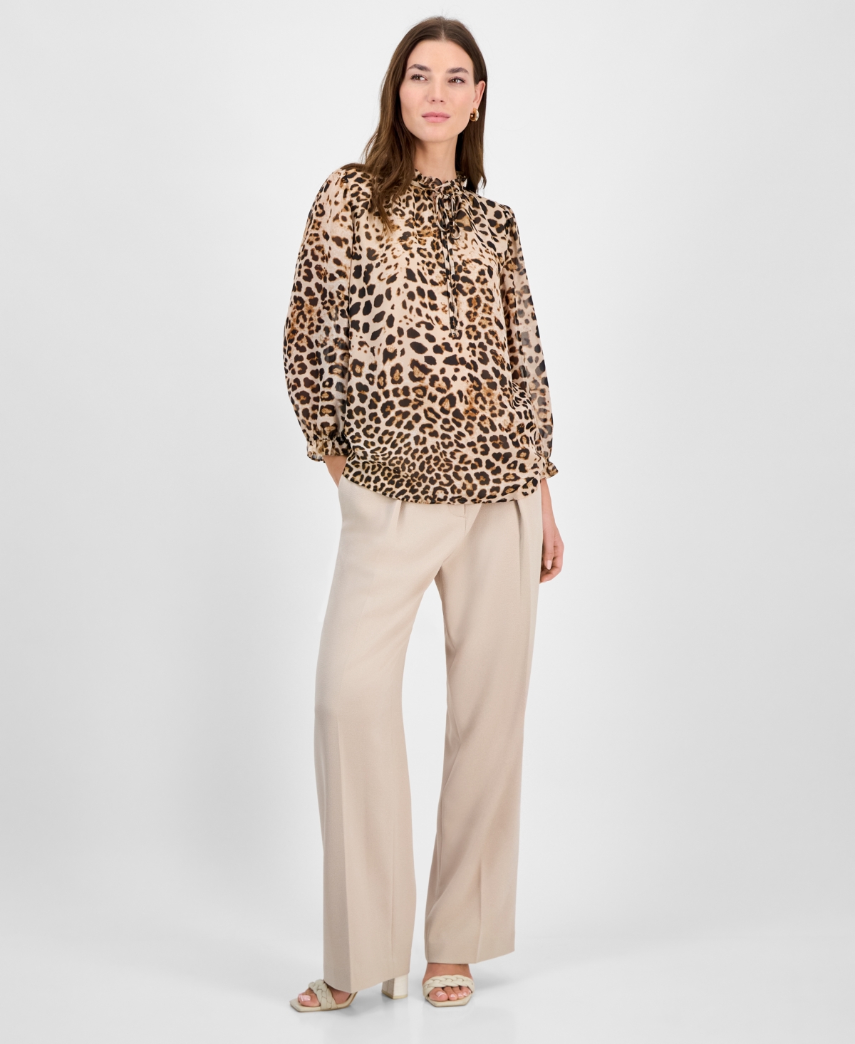 Bar Iii Women's Animal-print Ruffled Tie-neck Blouse, Exclusively At Macy's In Desert Sand Multi