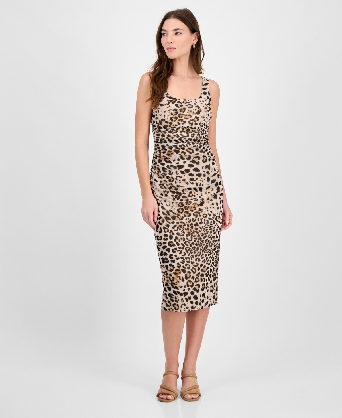 Women's Animal-Print Mesh Ruched Midi Dress, Exclusively at Macy's - Desert Sand Multi