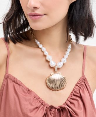 INC International Concepts Gold-Tone Shell Imitation Pearl Beaded Statement Pendant Necklace 16 3 extender Exclusively at Macys 7590₽