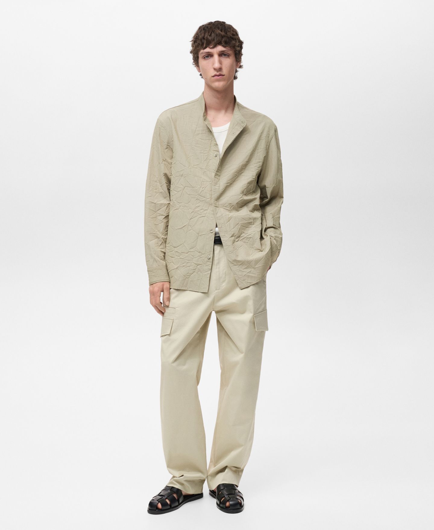 Мужская рубашка Mango Wrinkled-Effect Crew Neck, цвет: Пастельный зелёный — фото 4