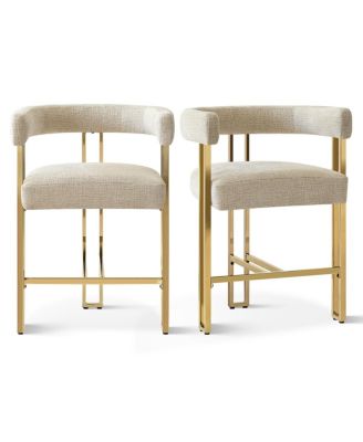 Set of 2 Counter Height Stools, 25" Upholstered Chairs with Gold Metal Legs, Curved Back & Armrests-Maison Boucle