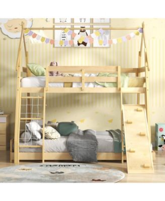 Twin Over Queen Bunk Bed Wooden Kids Bed with Climbing Nets and Ramp