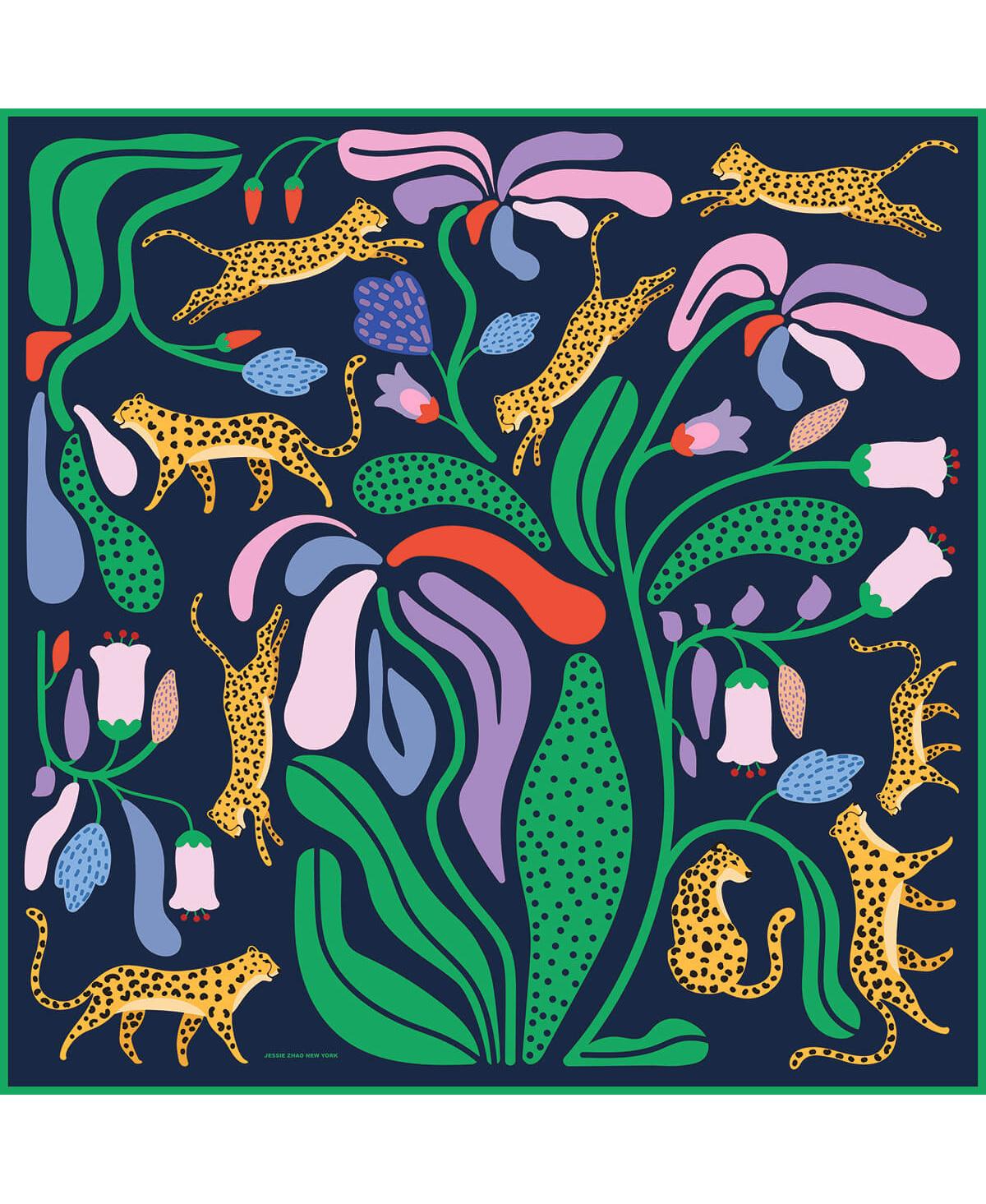 Double Sided Wool Silk Scarf Of Jungle Night - Green / blue