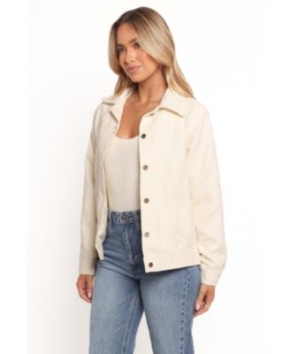 Женский жакет из букле песочного цвета с лепестками и щенком