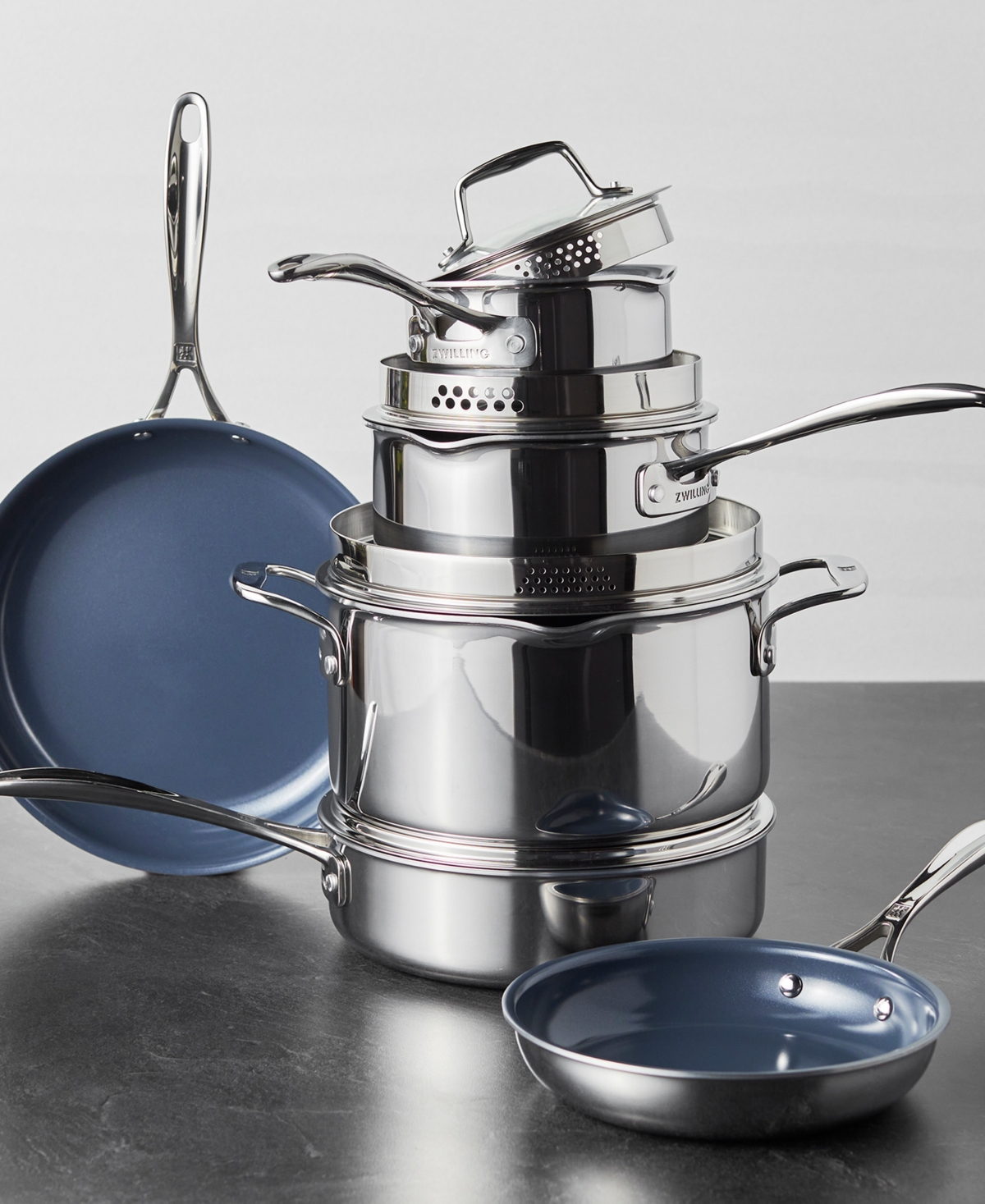Zwilling Clad Cfx 10-piece Stainless Steel Ceramic Nonstick Cookware Set In Silver