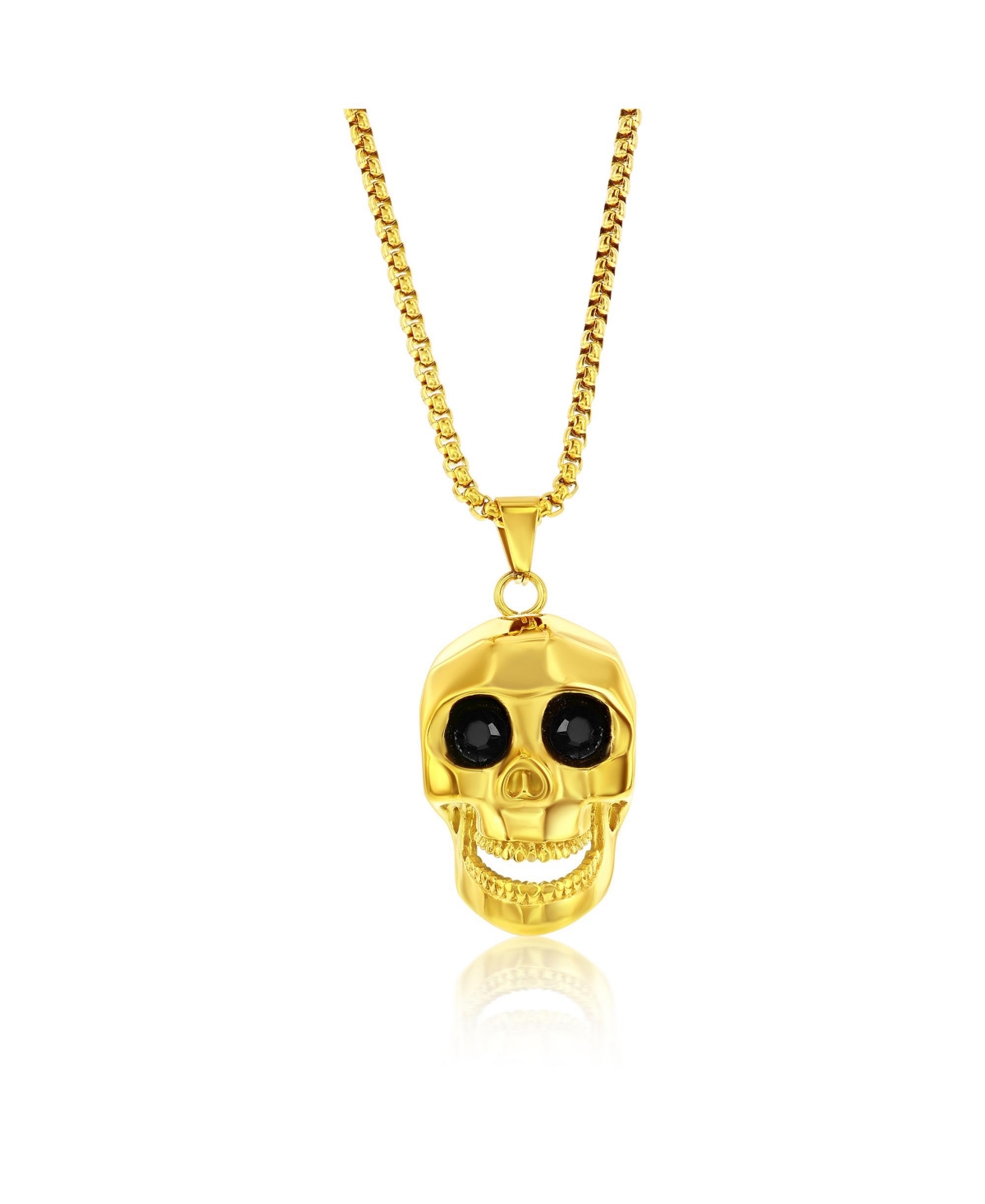 Stainless Steel Skull Necklace, Black Cz Eyes - Gold