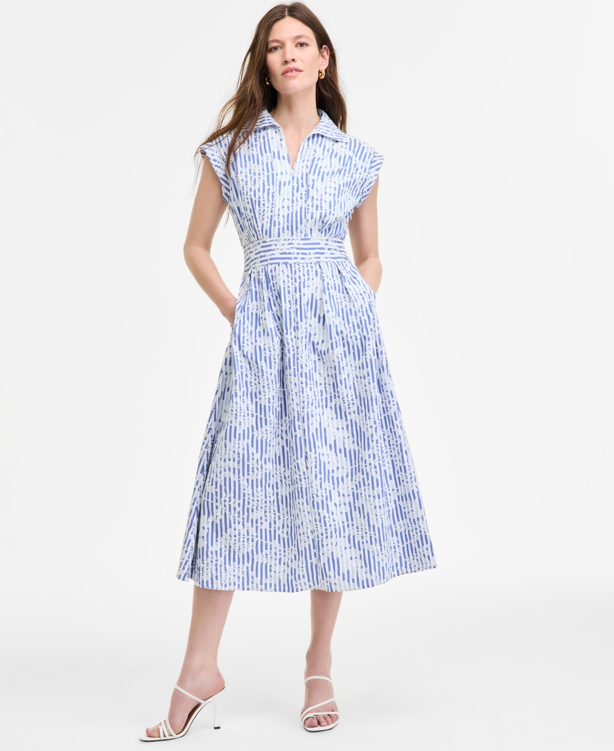 Women's Striped Floral-Embroidered Midi Dress - Denim/whit