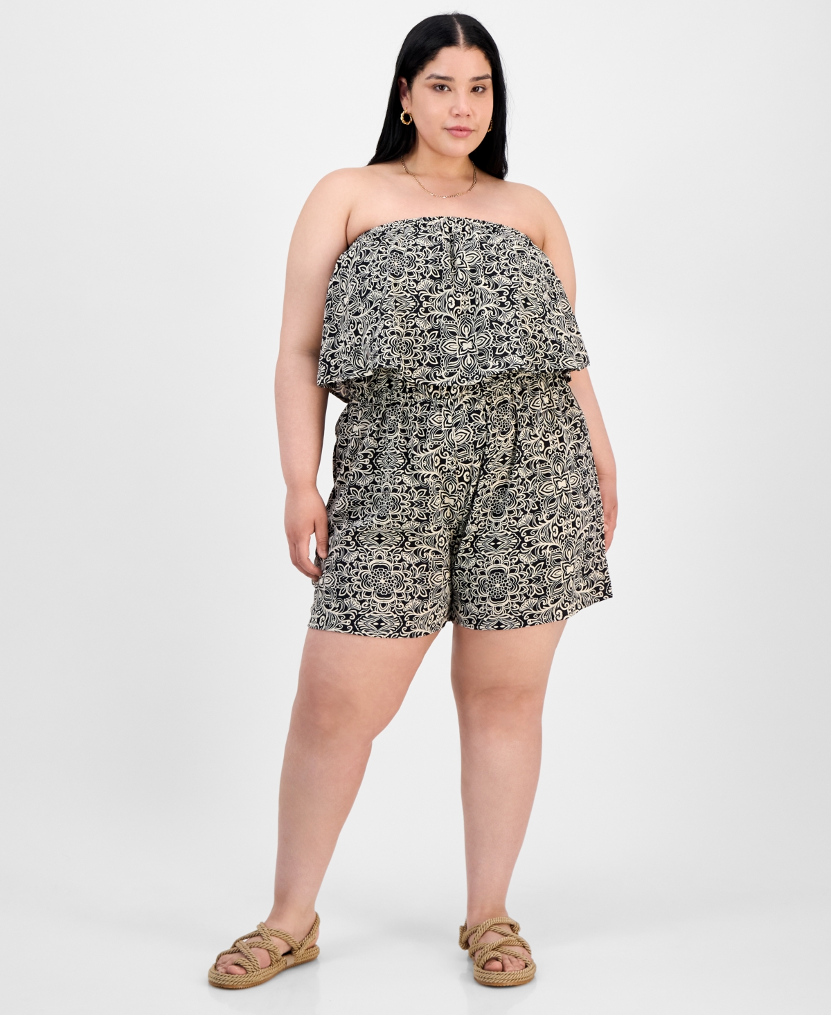 Full Circle Trends Trendy Plus Size Printed Strapless Romper In Animal Print
