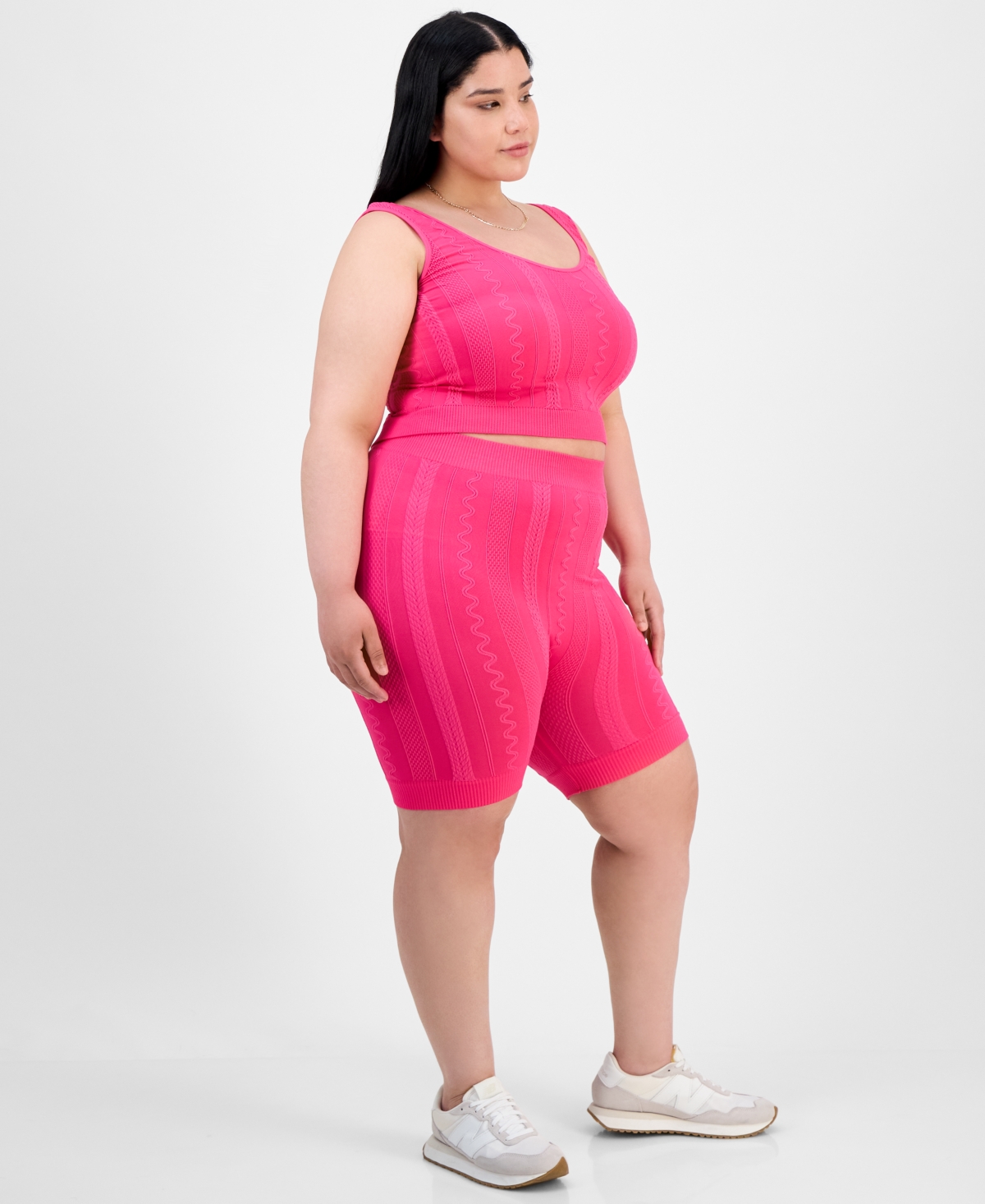 Full Circle Trends Trendy Plus Size Mixed Stitch Crop Top & Bike Shorts Set