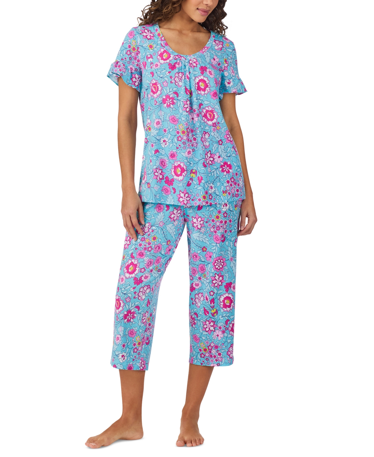 Shop Cuddl Duds Women's Short-sleeve Cropped Pajama Set In Aqua
