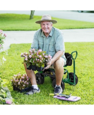 Cushioned Rolling Garden Cart Scooter with Storage Basket and Tool Pouch