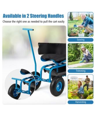 Height Adjustable Swivel Seat and Storage Basket Rolling Garden Cart