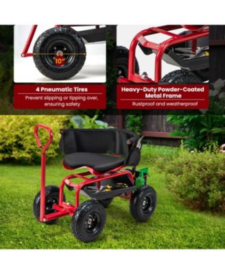 Cushioned Rolling Garden Cart Scooter with Storage Basket and Tool Pouch