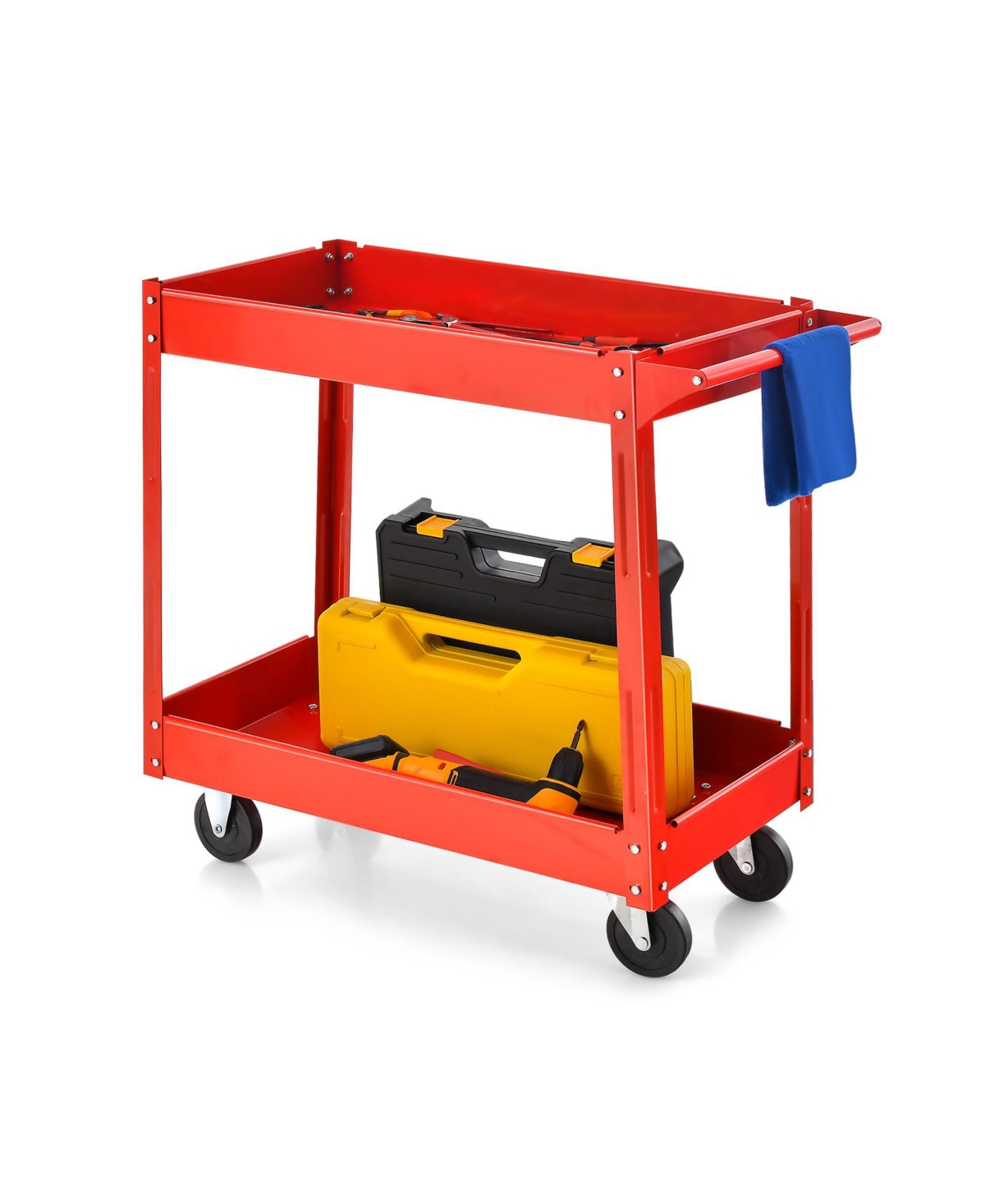 2-Tier Utility Cart with Handle and Heavy-Duty Metal Frame - Red