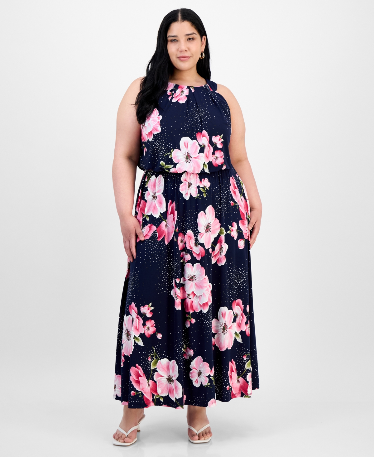 Plus Size Floral-Print Pleat-Neck Jersey Dress - Navy Multi