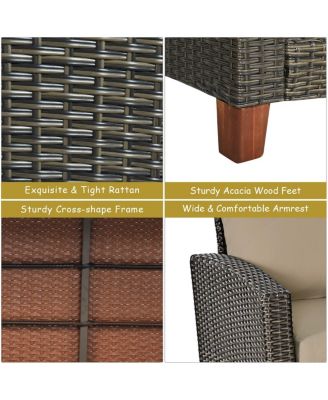 8PCS Patio Rattan Furniture Set Solid Wood Leg Cushioned Sofa Garden Lawn