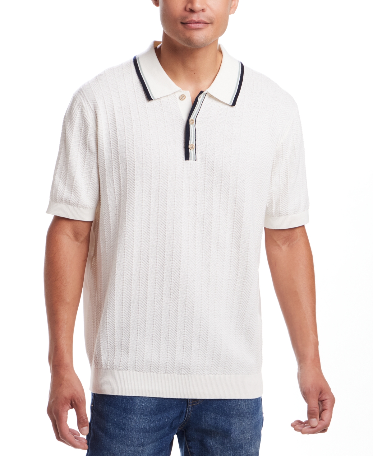 Men's Regular-Fit Tipped Herringbone Sweater-Knit Polo Shirt - White