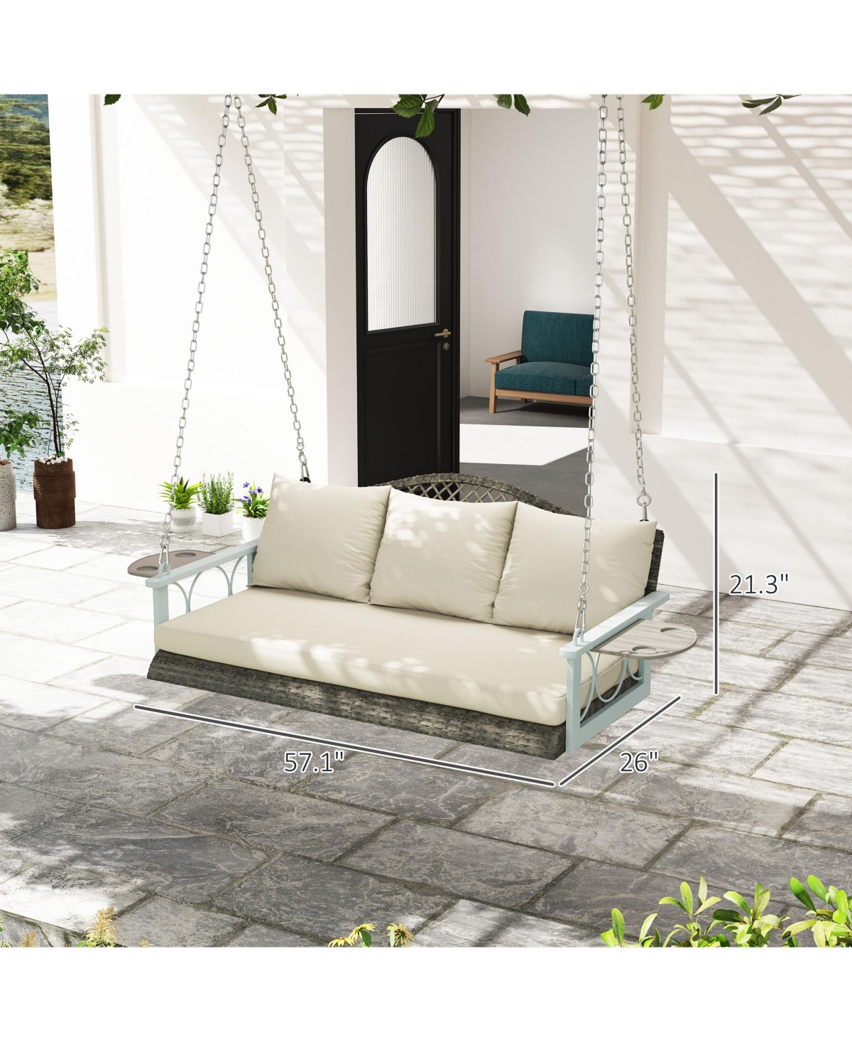 Outsunny Wicker Porch Swing, Hanging Swing Bench with Cup Holder, Natural