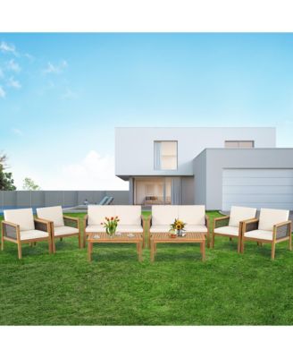 8 Piece Patio PE Rattan Conversation Set Acacia Wood Furniture Set  w/ Cushions