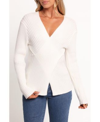 Женский свитер перекрестной вязки в рубчик Hannon с лепестками и щенком