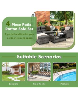 4 Piece Rattan Outdoor Conversation Sectional Sofa Set Patio Furniture Set w/ Cushions