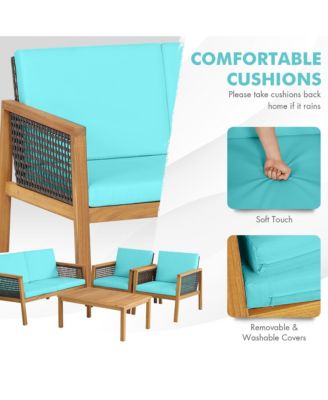 4 Piece Patio PE Rattan Conversation Set Acacia Wood Furniture Set  w/ Cushions