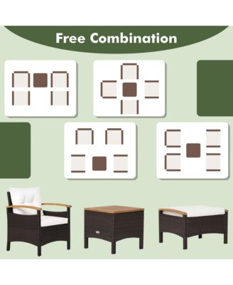 5 Piece  PE Wicker Lounge Chair Outdoor Patio Rattan Furniture Set w/ Wood Tabletop Cushions