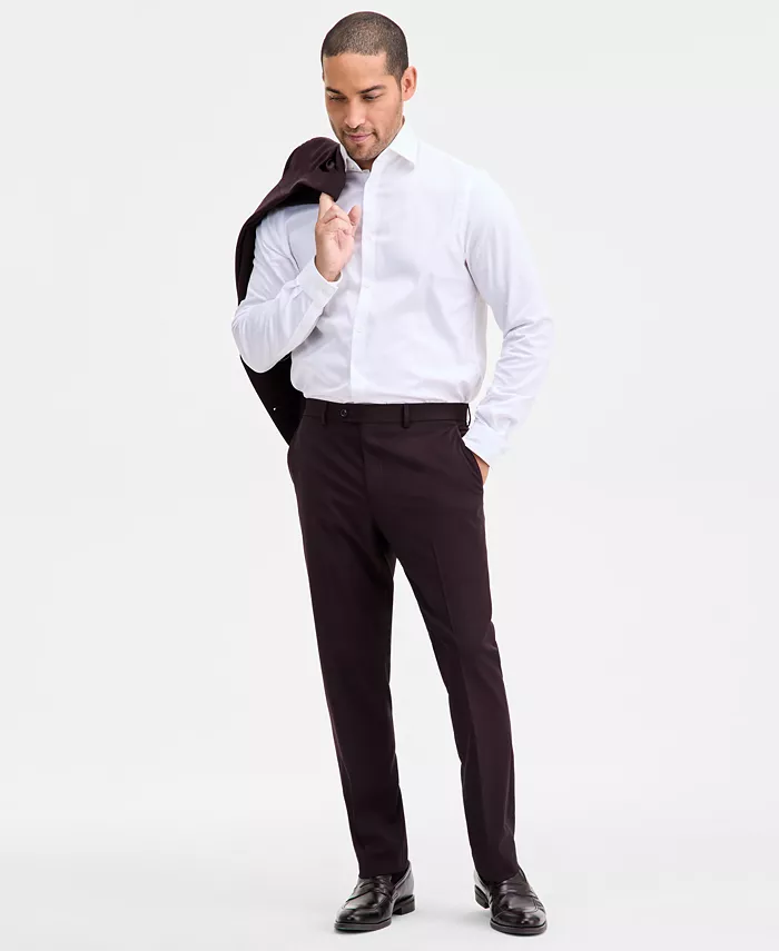 Men's Modern-Fit Stretch Bordeaux Wool-Blend Suit Separate Pants