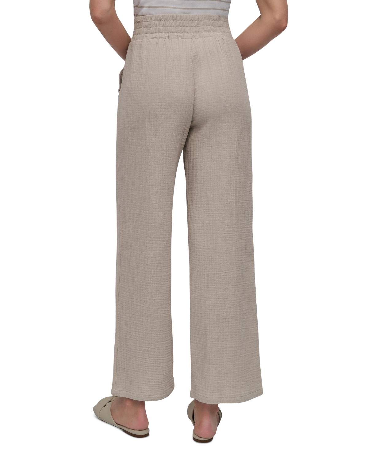 Shop Dkny Jeans Petite Cotton High-rise Smocked-waist Pants In Pebble