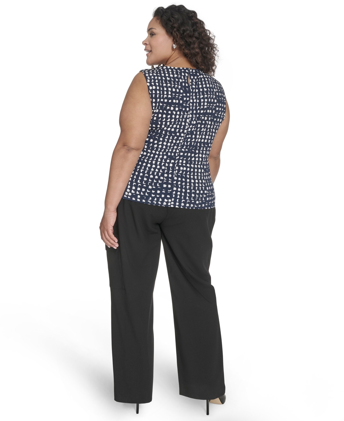 Calvin Klein Plus Size Printed Pleat Neck Sleeveless Top In Navy,cream