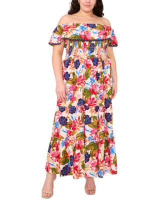 MSK - Plus Size Floral Off-The-Shoulder Smocked Maxi Dress