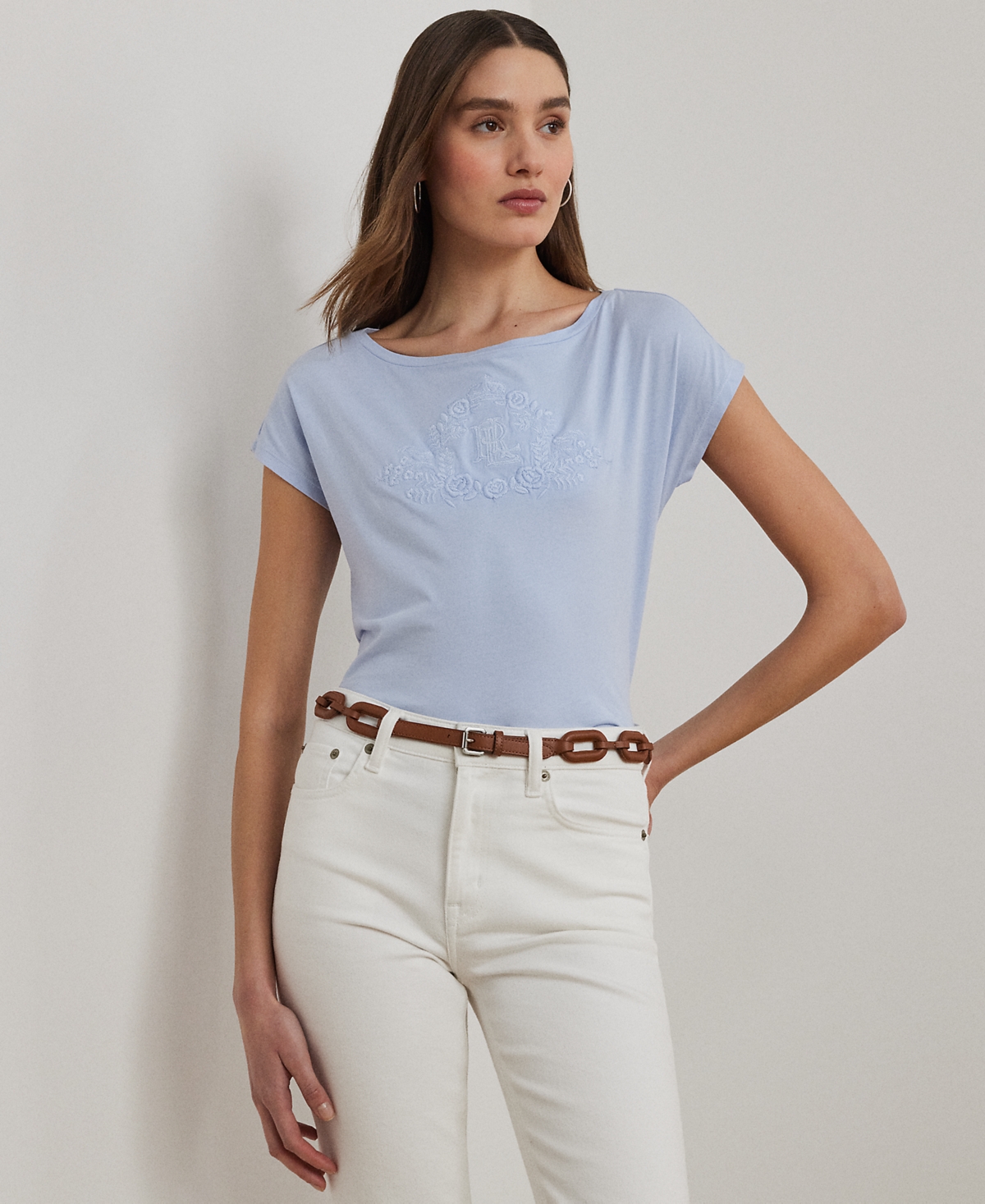 Petite Beaded-Logo Cotton Jersey Tee - Cornflower Blue
