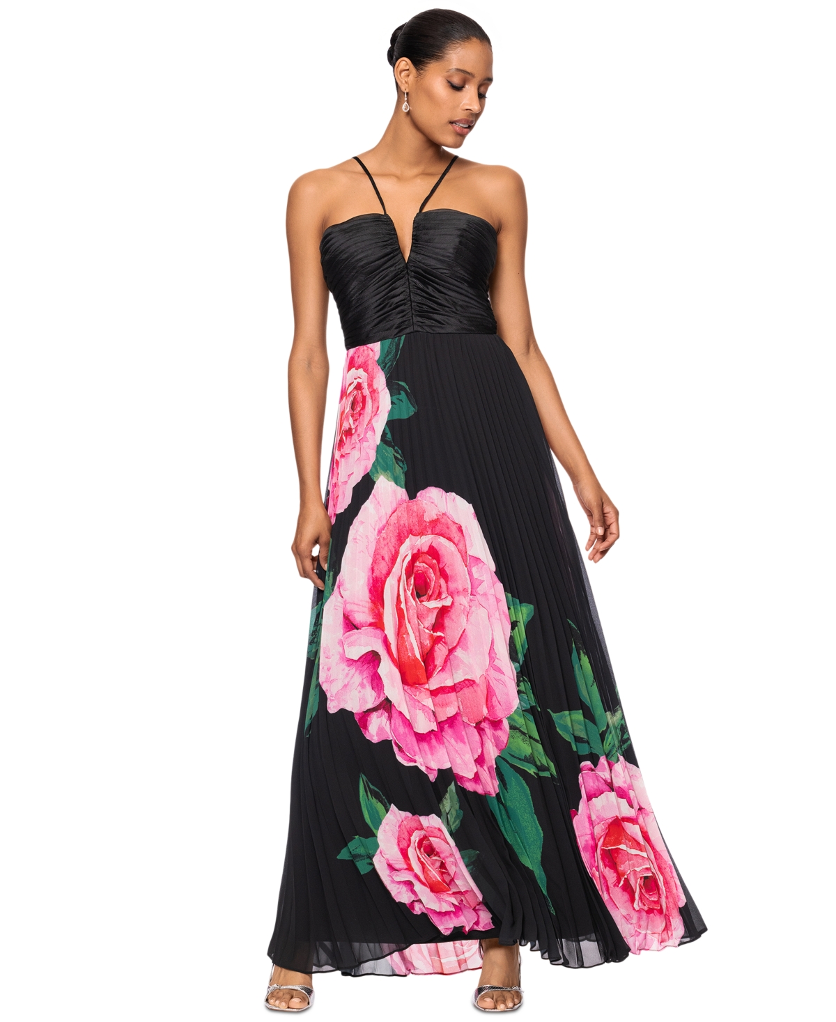 Women's Floral-Print Pleated Halter Gown - Black/Pink