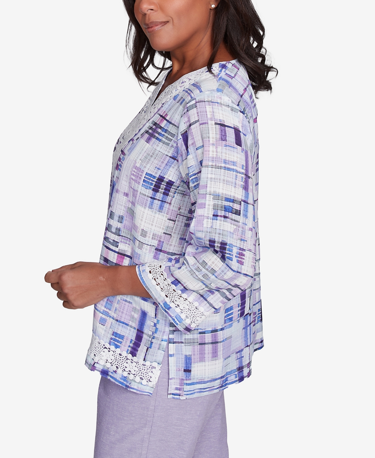 Alfred Dunner Petite Crystal Springs Watercolor Plaid Lace Neck Top In Multi