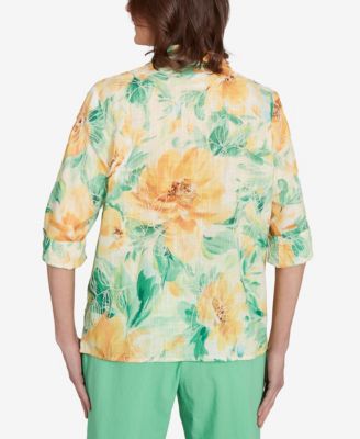Топ Alfred Dunner Petite Rise & Shine с акварельным цветочным узором на рукавах и пуговицах