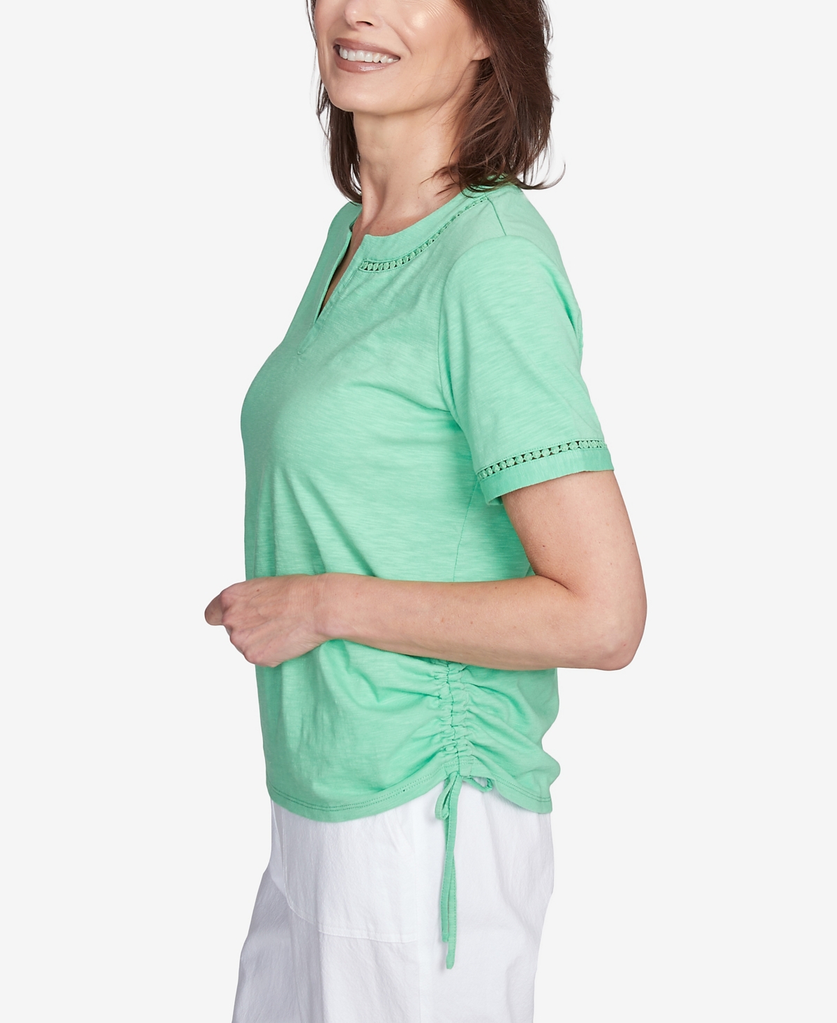 Alfred Dunner Petite Rise Shine Dot Lace Trimmed Short Sleeve Top In Lime