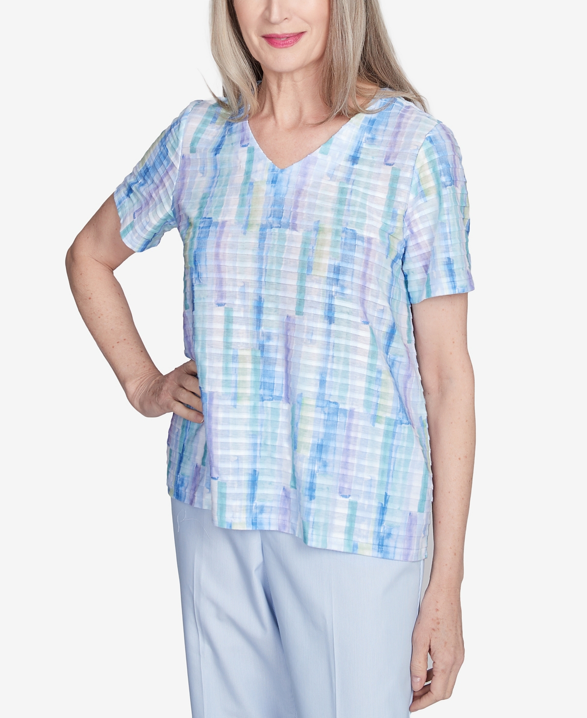 Alfred Dunner Petite St. Thomas Textured Brushstroke Short Sleeve Top In Sky Blue Multi