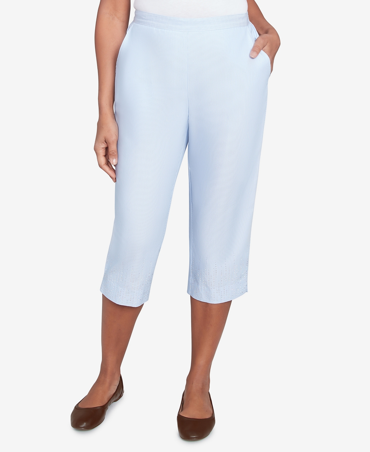 Alfred Dunner Petite St. Thomas Heat Set Embroidered Capri Pants In Sky Blue