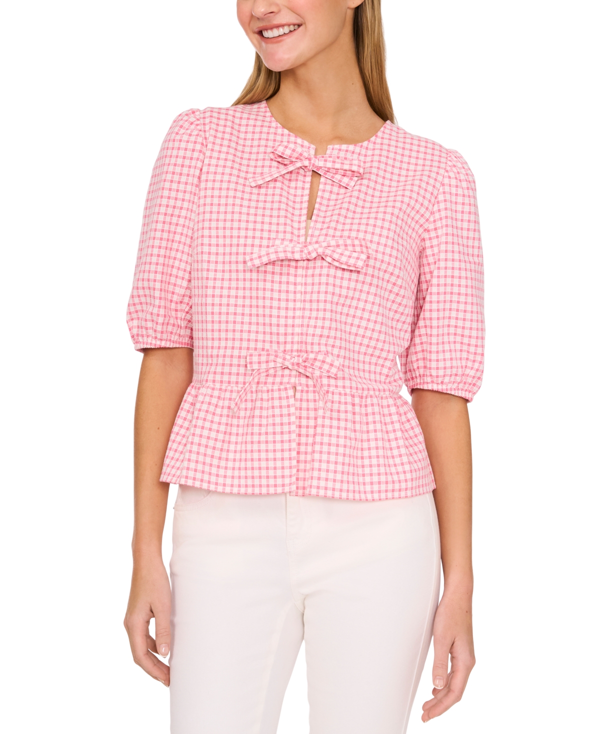 Women's Gingham Bow-Front Peplum Top - Confetti Pink