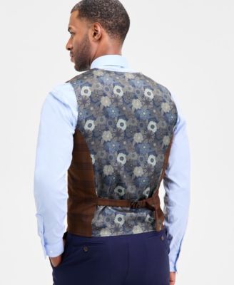 Men's Classic-Fit Brown/Navy Plaid Suit Separate Vest