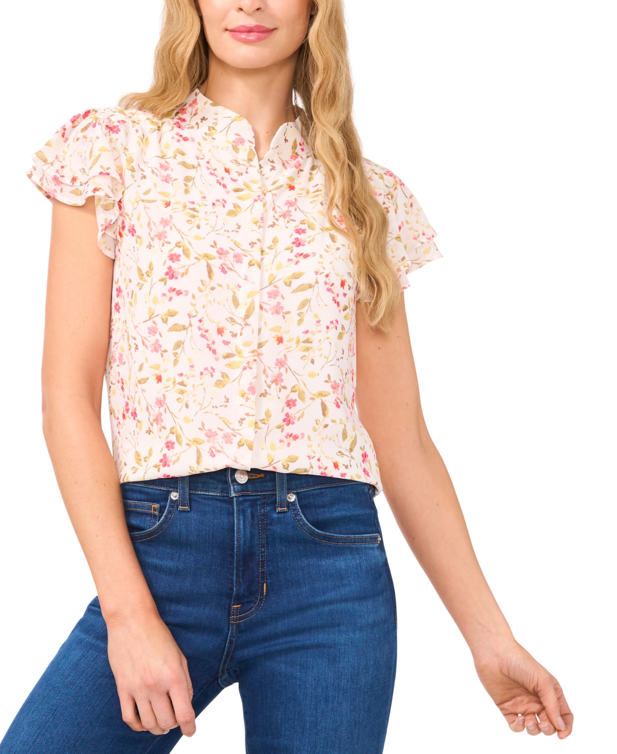 Women's Flutter-Sleeve Mandarin-Collar Blouse - New Ivory