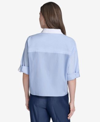 Женская полосатая хлопковая рубашка с закатанными рукавами и пуговицами спереди от Halston