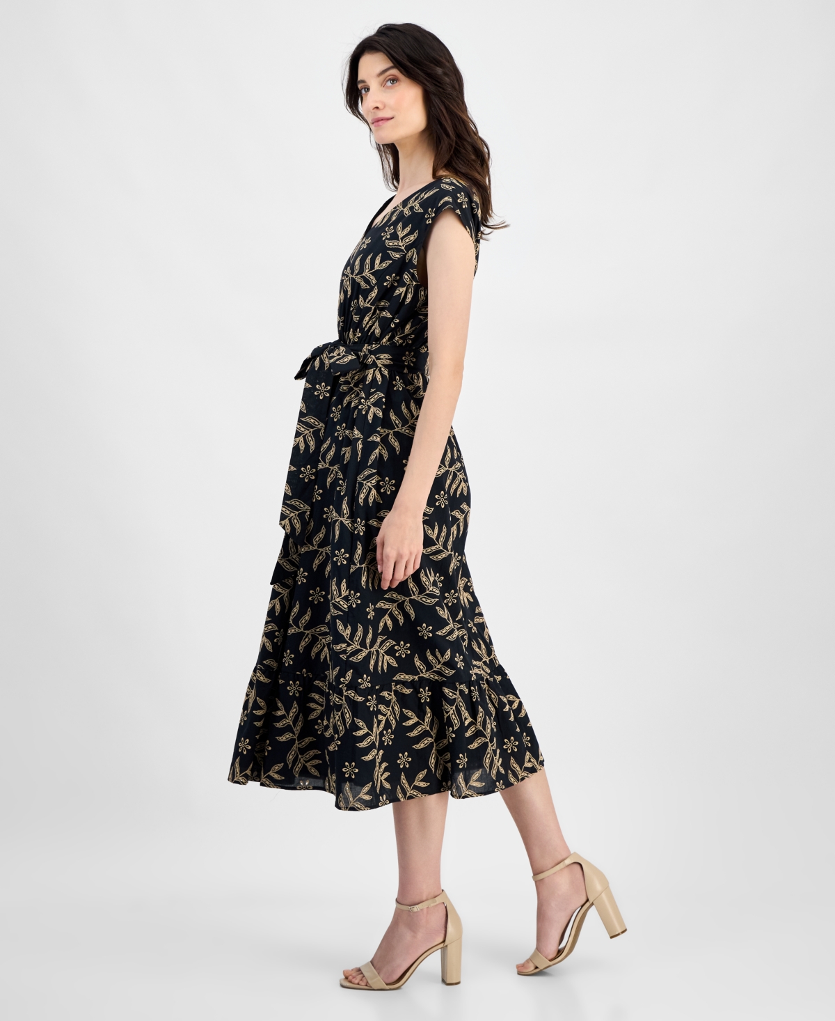 Kasper Women's Printed Leaf-print Cotton Midi Dress